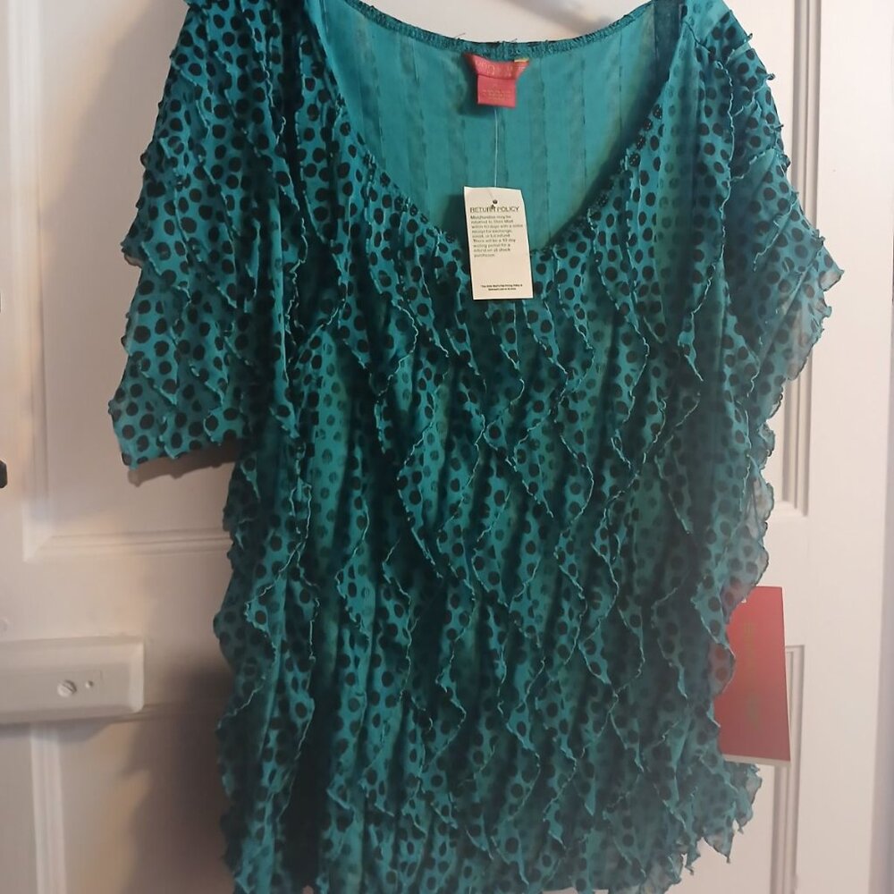 Sunny Leigh Petite Womens Teal Black Polka Dot Shirt NEW With tags